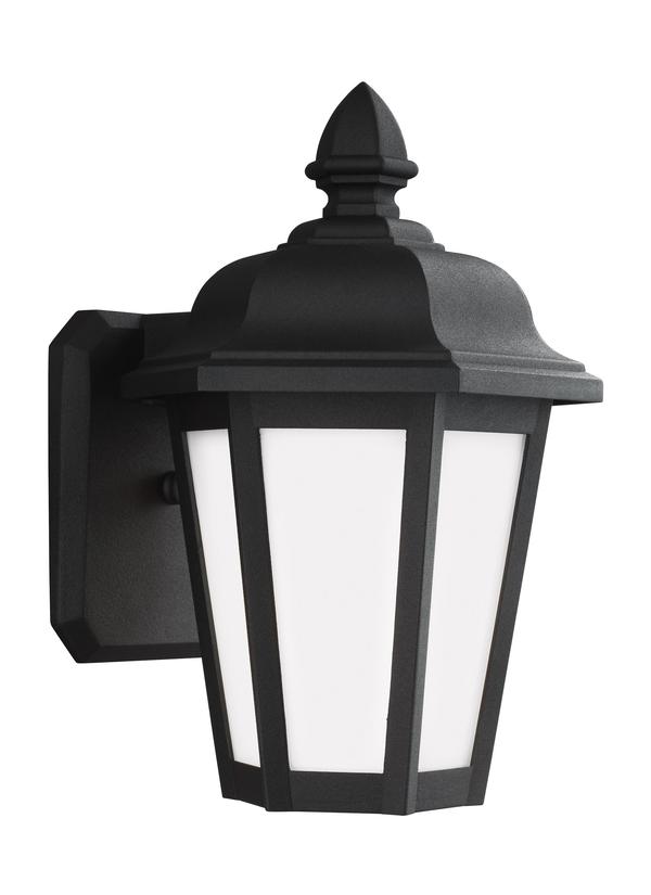 Generation Lighting Brentwood traditional 1-light outdoor exterior small wall lantern sconce in black finish with smooth white glass panels 89822-12