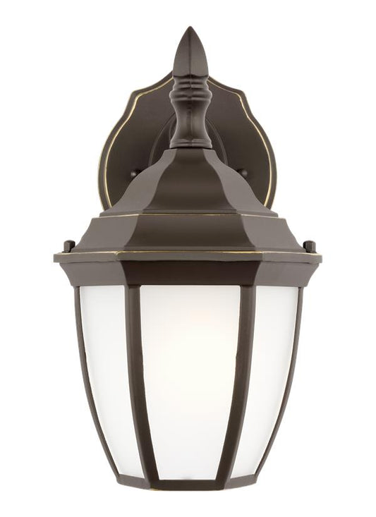 Generation Lighting Bakersville traditional 1-light outdoor exterior round small wall lantern sconce in antique bronze finish with satin etched glass panels 89936-71