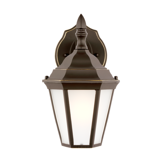 Generation Lighting Bakersville traditional 1-light outdoor exterior small wall lantern sconce in antique bronze finish with satin etched glass panels 89937-71