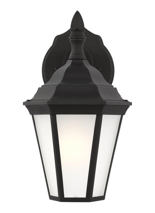 Generation Lighting Bakersville traditional 1-light LED outdoor exterior small wall lantern sconce in black finish with satin etched glass panels 89937EN3-12