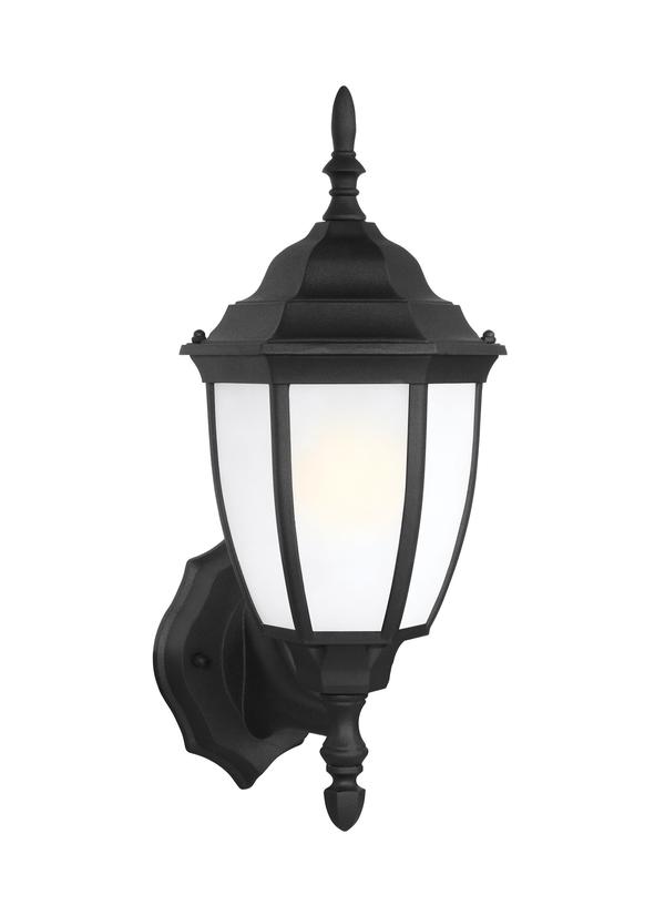 Generation Lighting Bakersville traditional 1-light outdoor exterior round wall lantern sconce in black finish with satin etched glass shades 89940-12