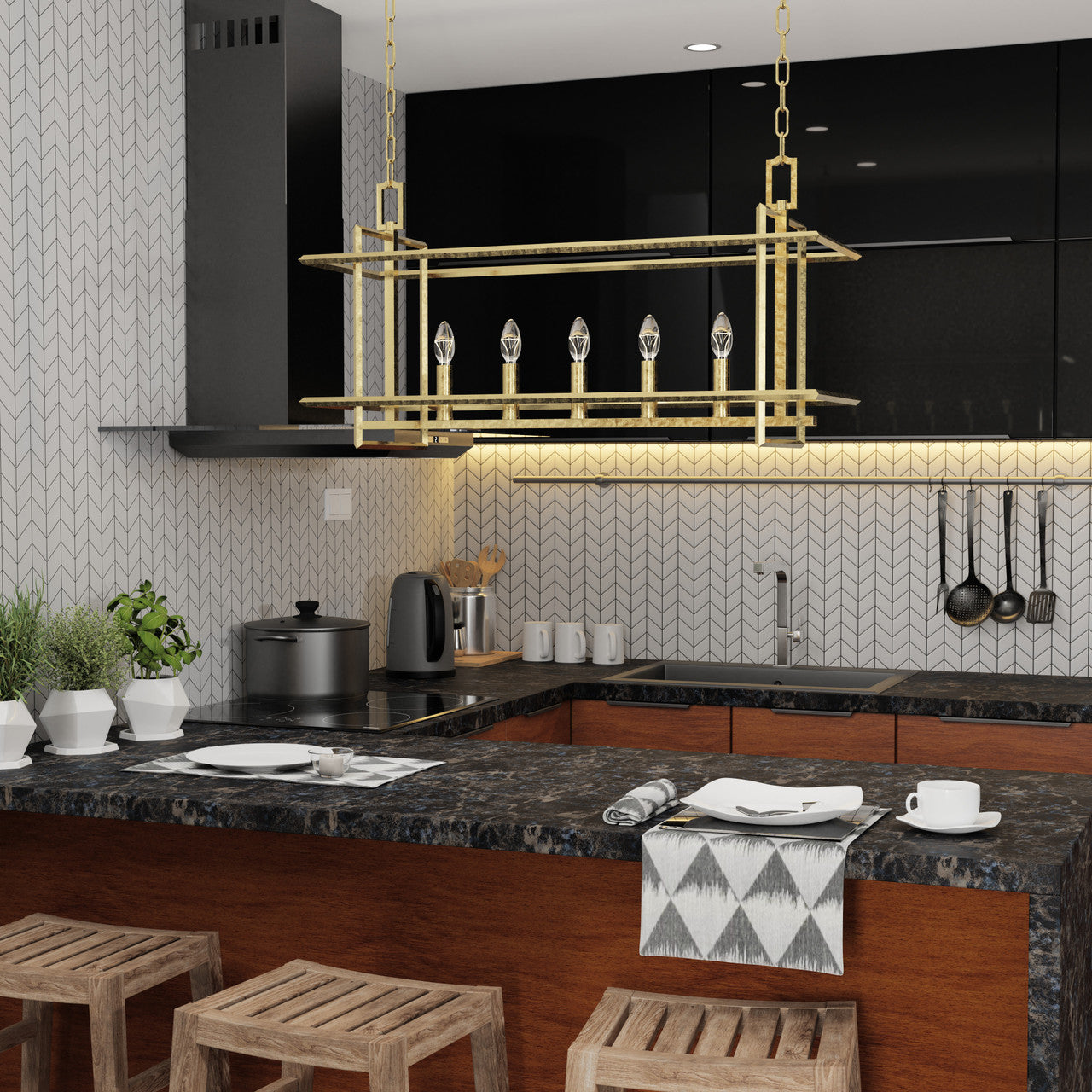 Currey & Co. Ormand 5-Light Brass Linear Kitchen Island Pendant 9000-2008