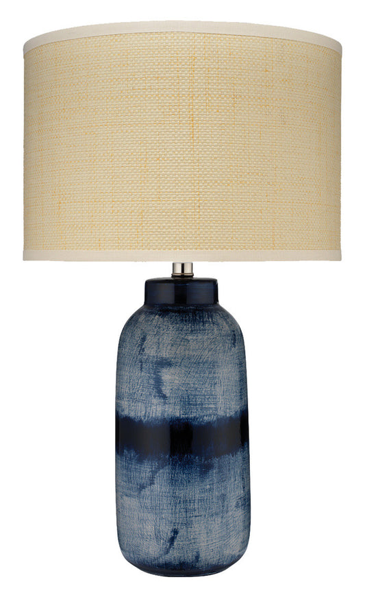 Jamie Young Large Batik Table Lamp in Indigo Ceramic with Medium Drum Shade in Raffia 9BATIKLGTLIN