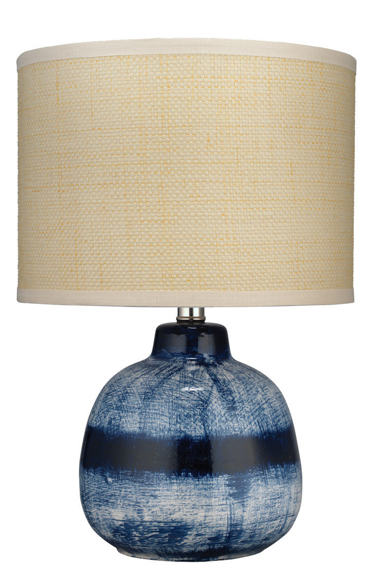 Jamie Young Small Batik Table Lamp in Indigo Ceramic with Small Drum Shade in Raffia 9BATIKSMTLIN