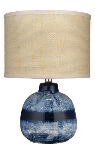 Jamie Young Small Batik Table Lamp in Indigo Ceramic with Small Drum Shade in Raffia 9BATIKSMTLIN