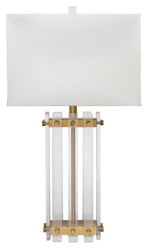 Jamie Young Grammercy Table Lamp in Acrylic & Antique Brass Metal with Rectangle Shade in Sea Salt Linen 9GRAMMERTLAB