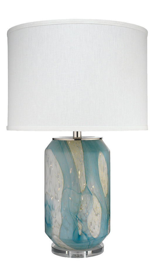 Jamie Young Helen Table Lamp in Pale Blue Glass with Classic Drum Shade in Sea Salt Linen 9HELENTLBLUE