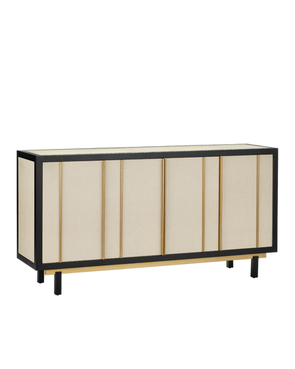 Currey & Co Deanna Raffia Credenza in Ivory/Black/Satin Brass/Natural/Clear 3000-0300