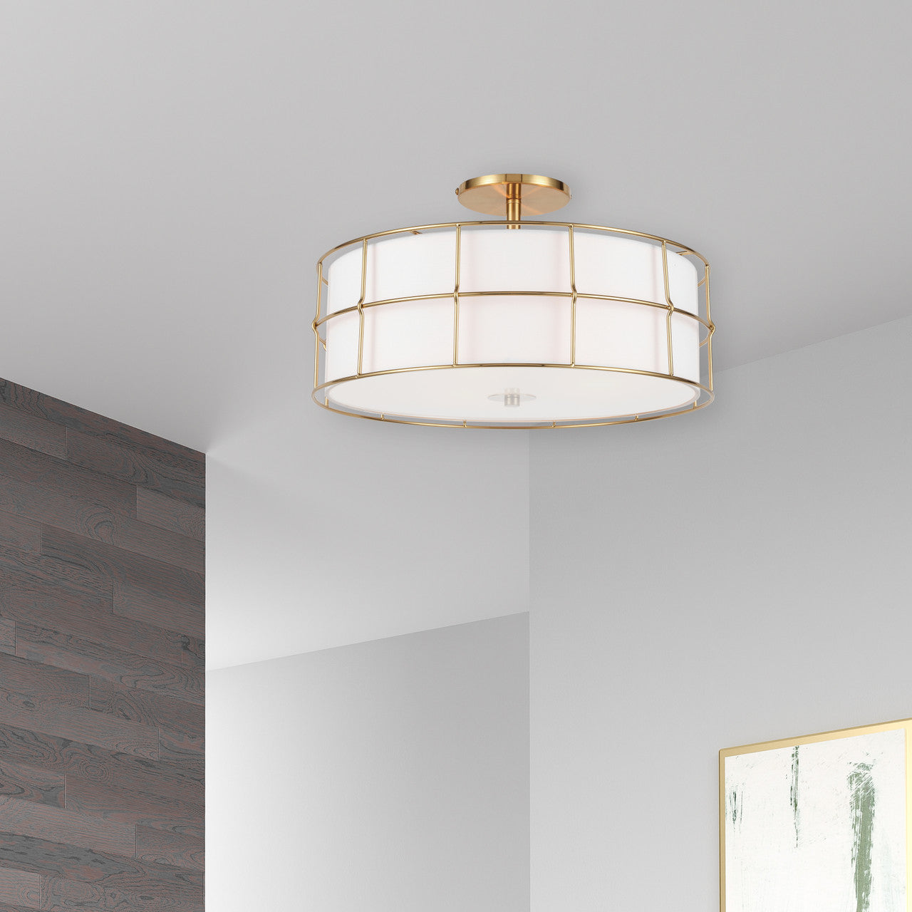 Dainolite 3 Light Incandescent Aged Brass Semi-Flush Mount Fixture w/White Shade ALC-163SF-AGB