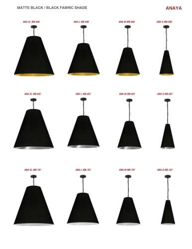 Dainolite 1 Light Large Anaya Matte Black Pendant with Black/Gold Shade ANA-L-MB-698