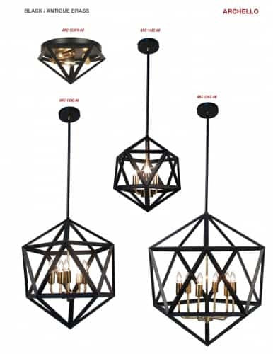 Dainolite 3 Light Flush Mount Fixture, Matte Black with Antique Brass Accents ARC-123FH-AB