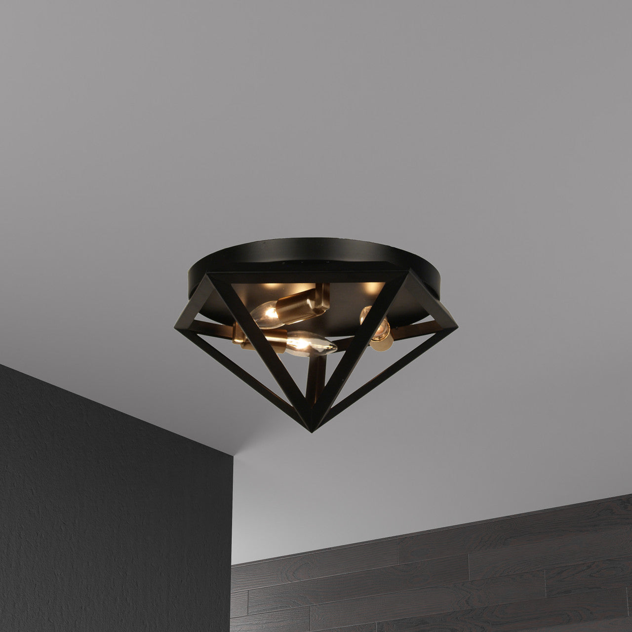 Dainolite 3 Light Flush Mount Fixture, Matte Black with Antique Brass Accents ARC-123FH-AB