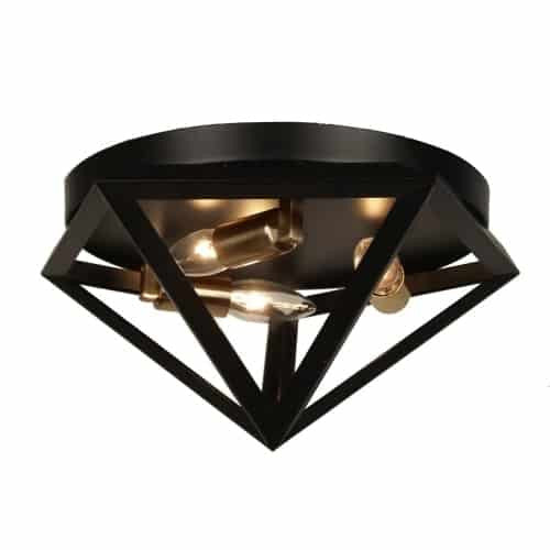 Dainolite 3 Light Flush Mount Fixture, Matte Black with Antique Brass Accents ARC-123FH-AB