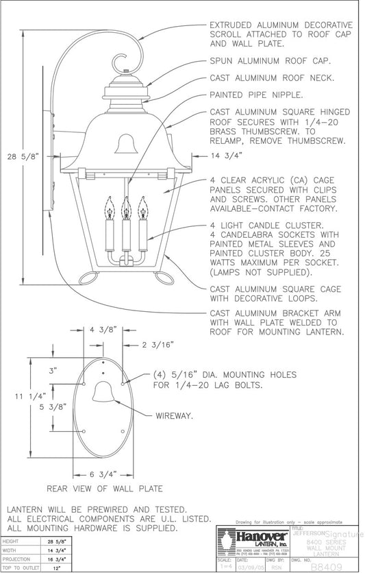 Hanover Lantern B8409 Grand Jefferson Signature Wall Mount Lantern