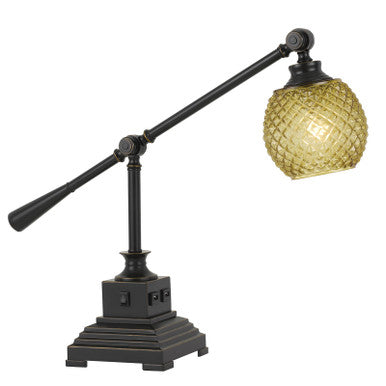 CAL Lighting 60W Brandon Metal Desk Lamp With Glass Shade And 2 USB Outlets Dark Bronze BO-2777DK