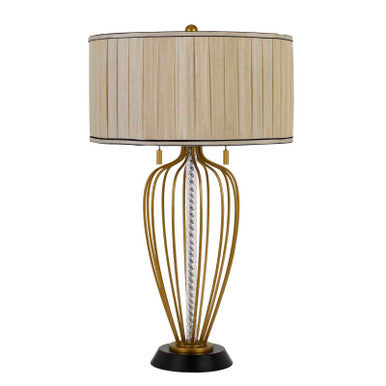 CAL Lighting Laval 60W X 2 Metal Table Lamp With Pleated Softback Fabric Shade And Pull Chain Switch Antique Brass/Black BO-2859TB