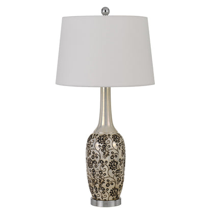 CAL Lighting 150W Paxton Ceramic Table Lamp With Leaf Design And Taper Drum Hardback Fabric Shade (Priced And Sold As Pairs)  BO-2914TB-2