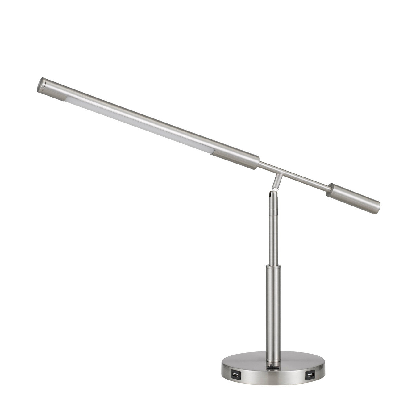 CAL Lighting Auray integrated LED desk lamp with 2 USB charing ports. 780 lumen, 3000K, on off rocker switch at base. Brushed Steel BO-2967DK