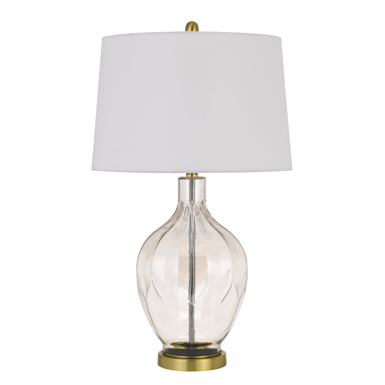 CAL Lighting 150W 3 Way Bancroft glass table lamp with hardback taper drum fabric shade Clear/Antique Brass BO-2971TB