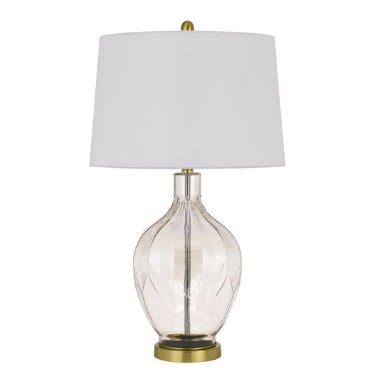 CAL Lighting 150W 3 Way Bancroft glass table lamp with hardback taper drum fabric shade Clear/Antique Brass BO-2971TB