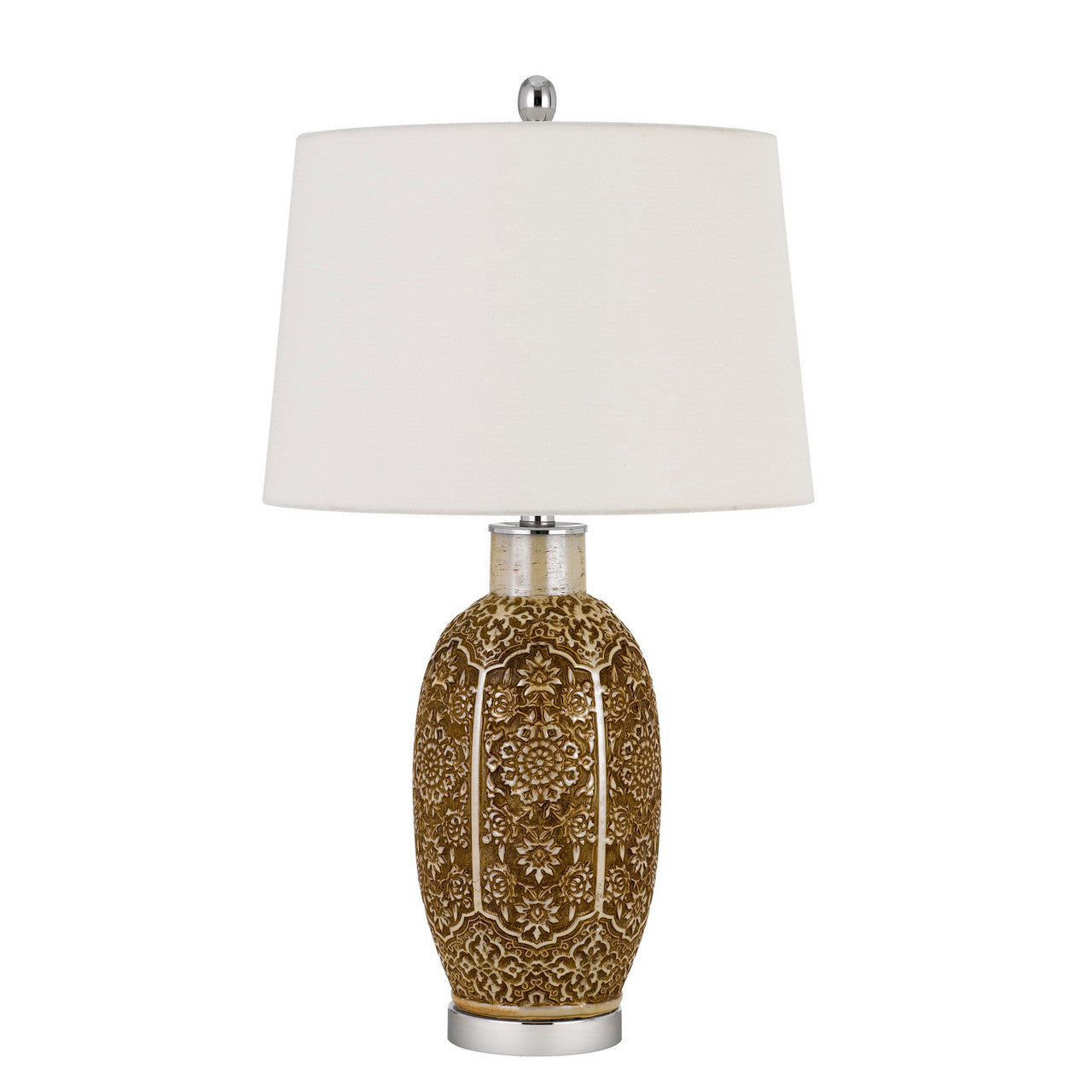 CAL Lighting 150W 3 Way Olive ceramic table lamp with hardback taper fabric drum shade Cinnamon BO-2974TB