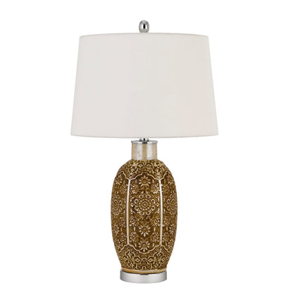 CAL Lighting 150W 3 Way Olive ceramic table lamp with hardback taper fabric drum shade Cinnamon BO-2974TB