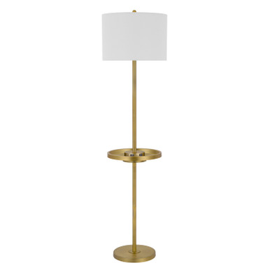 CAL Lighting 150W 3 Way Crofton metal floor lamp with centered metal tray table with 2 USB charging ports and weighted metal base Antique Brass BO-2983FL-AB