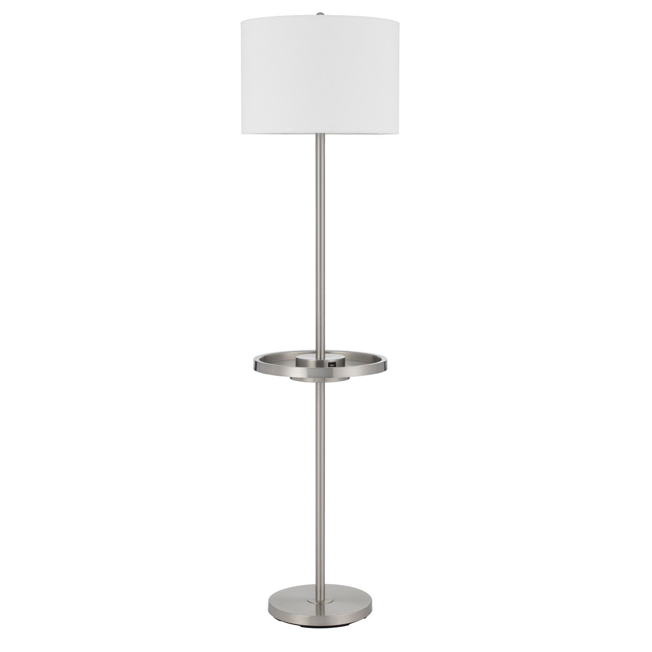 CAL Lighting Crofton metal floor lamp with metal tray table and 2 USB charging ports and a weight base. brushed Steel BO-2983FL-BS