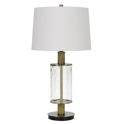 CAL Lighting 150W 3 Way Morrilton glass table lamp with wood pole and hardback taper drum fabric shade Glass/Light Oak BO-2988TB