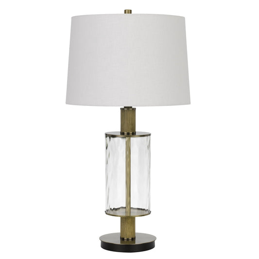 CAL Lighting 150W 3 Way Morrilton glass table lamp with wood pole and hardback taper drum fabric shade Glass/Light Oak BO-2988TB