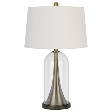 CAL Lighting 150W 3 Way Camargo glass/metal table lamp with hardback taper drum fabric shade Glass/Antique Brass BO-2989TB