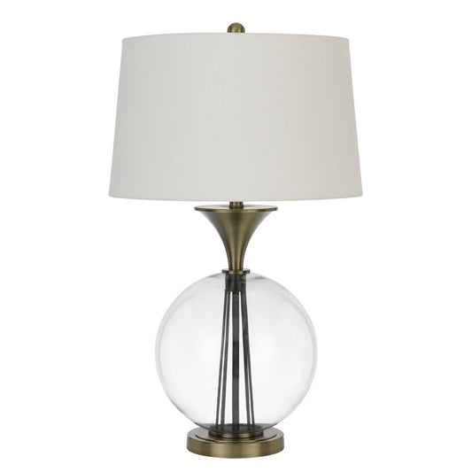 CAL Lighting 150W 3 Way Moxee glass/metal table lamp with hardback taper drum fabric shade Glass/Antique Brass BO-2990TB