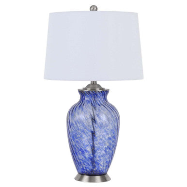 CAL Lighting 150W 3 Way Ashland glass table lamp with hardback taper drum fabric shade Sky Blue BO-2995TB