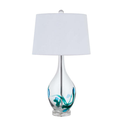 CAL Lighting 150W 3 Way Harlan glass table lamp with hardback taper drum fabric shade Clear / Turquoise BO-2996TB