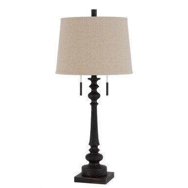 CAL Lighting 60W x 2 Torrington resin table lamp with pull chain switch and hardback linen shade Rustic Iron BO-3024TB