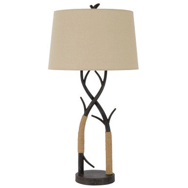 CAL Lighting Pecos metal tree branch table lamp with wrapped ropes , linen shade Black Iron BO-3029TB