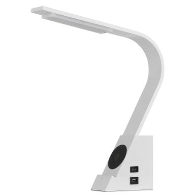 CAL Lighting LED Convolution metal desk lamp with a wireless charging pad and 2 USB charging ports. White BO-3032DK