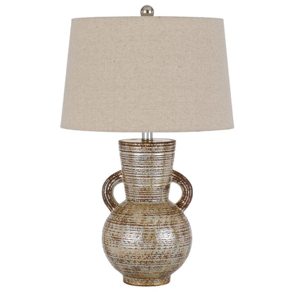 CAL Lighting Arluno ceramic table lamp with linen hardback taper drum shade Patina Bronze BO-3043TB