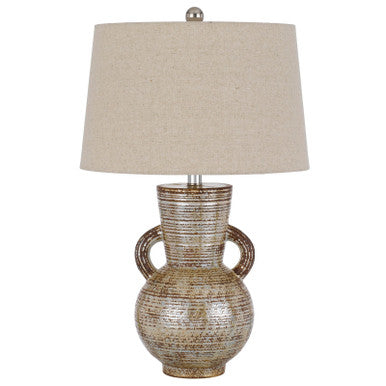 CAL Lighting Arluno ceramic table lamp with linen hardback taper drum shade Patina Bronze BO-3043TB