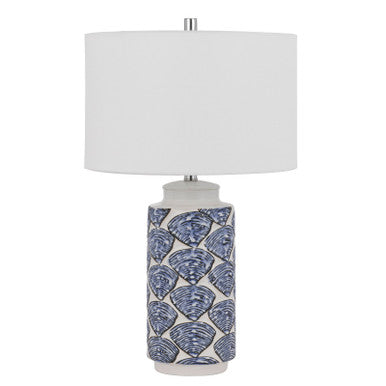 CAL Lighting Cambiago ceramic table lamp with seashell design and linen drum shade Shell/Blue BO-3044TB-2