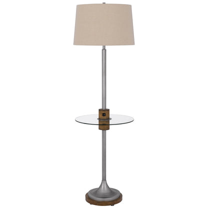 CAL Lighting 150W 3 Way Lavaca metal floor lamp with glass tray table and 1 USB and 1 TYPE C USB charging ports and rubber wood center font and base Antique Silver/Wood BO-3057FL