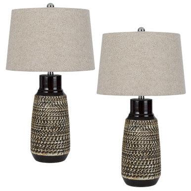 CAL Lighting 150W 3 Way Scottsboro ceramic table lamp and hardback taper drum soft burlap shade (sold as pairs) Black/Antique silver BO-3086TB-2