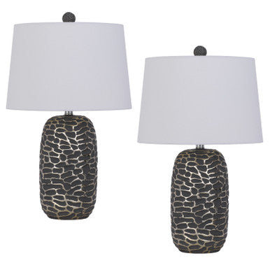 CAL Lighting 150W 3 Way Menlo resin table lamp with hardback taper drum fabric shade (sold as pairs) Ash Black/Antique silver BO-3089TB-2