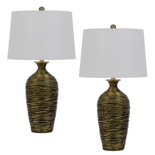 CAL Lighting 150W 3 Way Aurora resin table lamp with hardback taper drum fabric shade (sold as pairs) Antique Bronze BO-3090TB-2