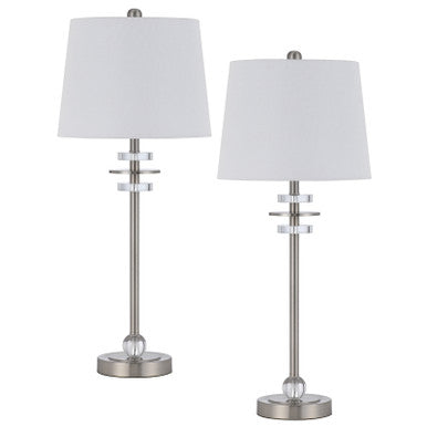 CAL Lighting 60W Sitka buffet lamp with crystal accent font and hardback taper drum fabric shade (sold as pairs) Brushed Steel BO-3094BF-2