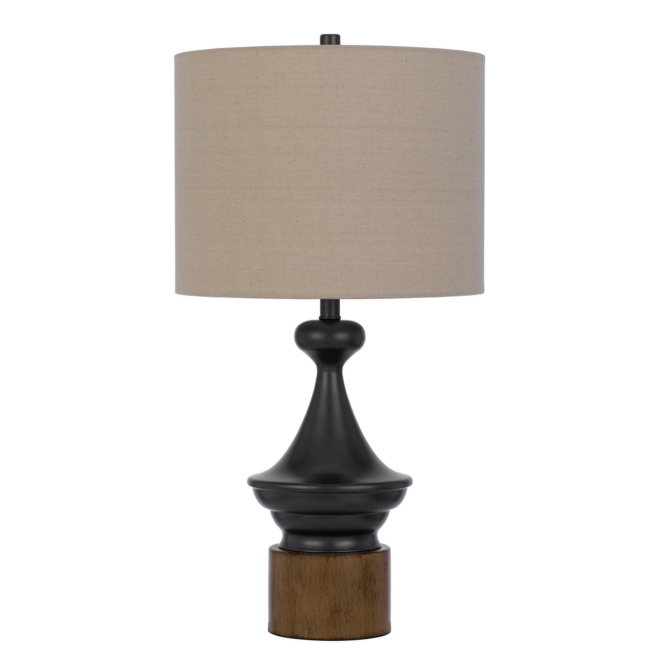 CAL Lighting 150W 3 Way Sterling metal/table lamp with faux wood metal base and drum linen shade Charcoal Greg/Wood BO-3125TB