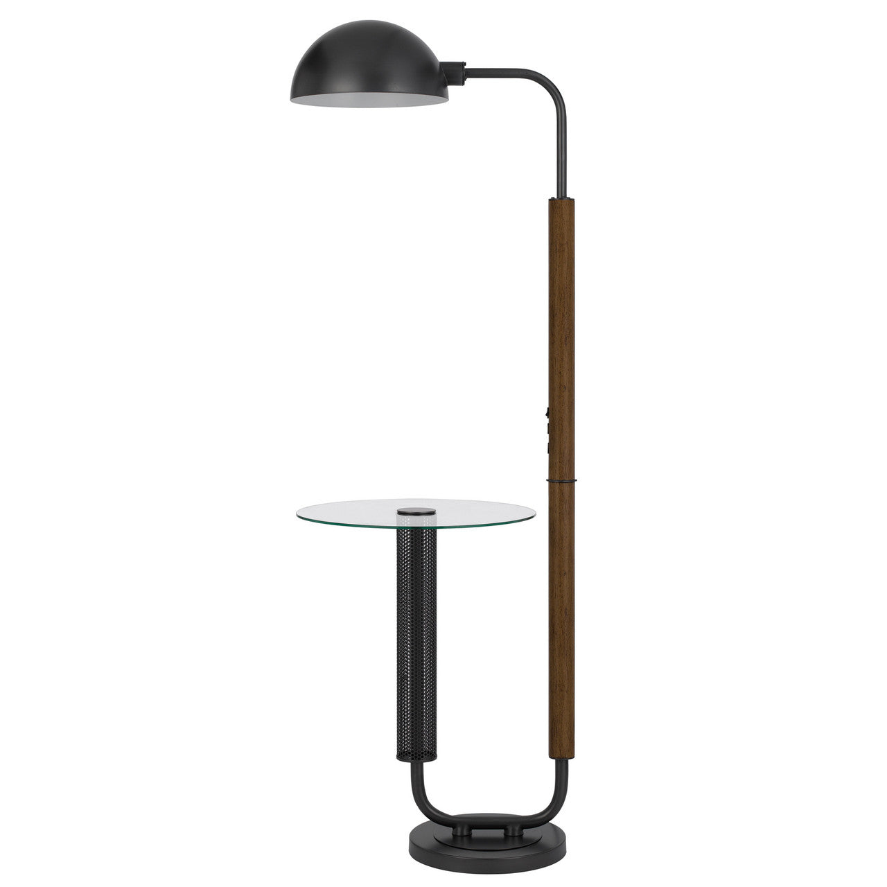 CAL Lighting 100W Keyser metal floor lamp with faux wood pole and glass tray table and metal shade. Equipped with 1 USB and 1 USB-C charging ports Oak/Charcoal Grey BO-3129FL