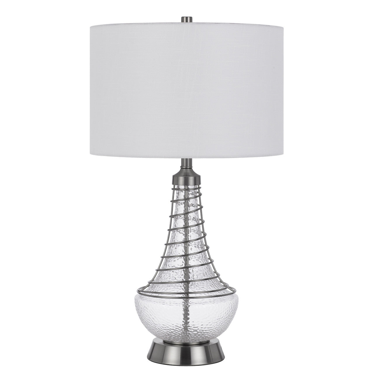 CAL Lighting 150W 3 Way Baraboo glass table lamp with wire guard design and drum fabric shade Brushed Steel BO-3130TB