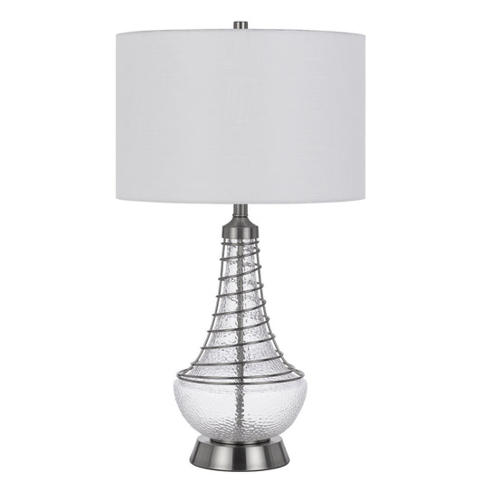 CAL Lighting 150W 3 Way Baraboo glass table lamp with wire guard design and drum fabric shade Brushed Steel BO-3130TB