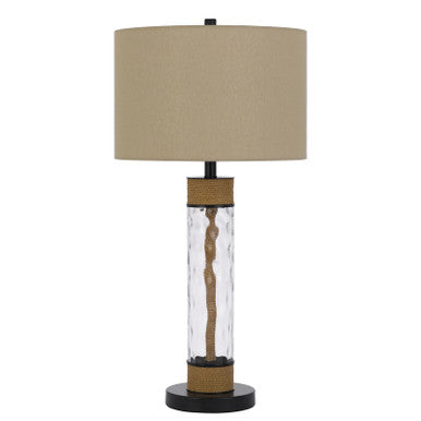 CAL Lighting 150W 3 Way Bartow glass/metal table lamp with burlap design and drum burlap shade Dark Bronze/Burlap/Textured Glass BO-3132TB